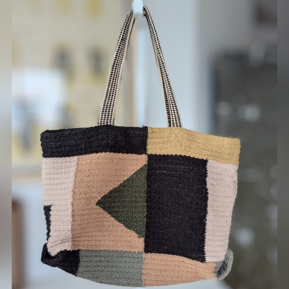 BDG Handbags - BDG Geometric Patchwork Tote in Black, Pink, and Tan